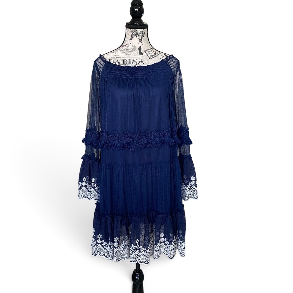 Miss June Mini Dress Womens One Size Navy Blue Lace Smocked Boho Bell Sleeve